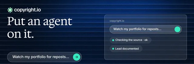 X header for copyright.io: "Put an agent on it." Agentic glass style, bottom layout, dark palette in black, blue, grey.