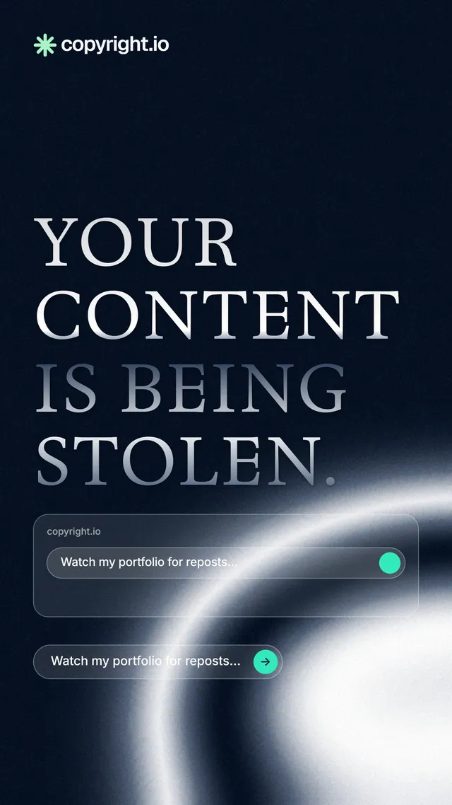 Instagram story for copyright.io: "Your content is being stolen." Agentic glass style, poster layout, dark palette in black, blue, grey.