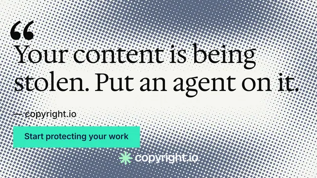 Landscape graphic for copyright.io: "Continuous protection for creators." Swiss style, quote layout, light palette in grey, teal, white.