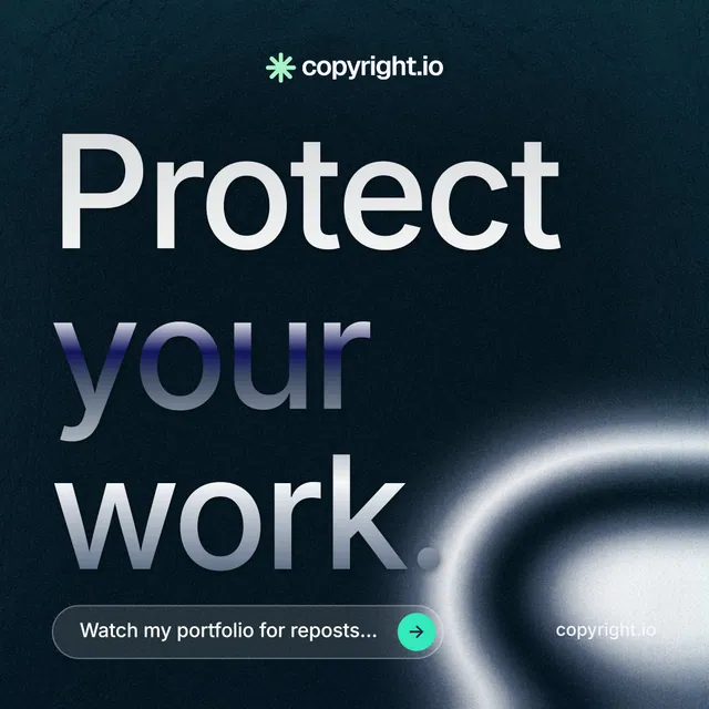 Instagram post for copyright.io: "Protect your work." Agentic glass style, poster layout, dark palette in black, blue, grey.