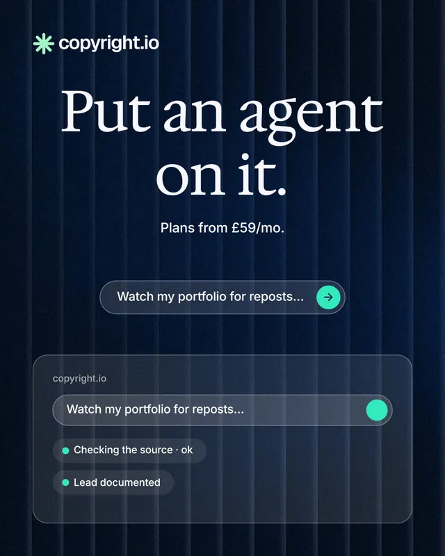 Instagram portrait post for copyright.io: "Put an agent on it." Agentic glass style, centred layout, dark palette in blue, black.