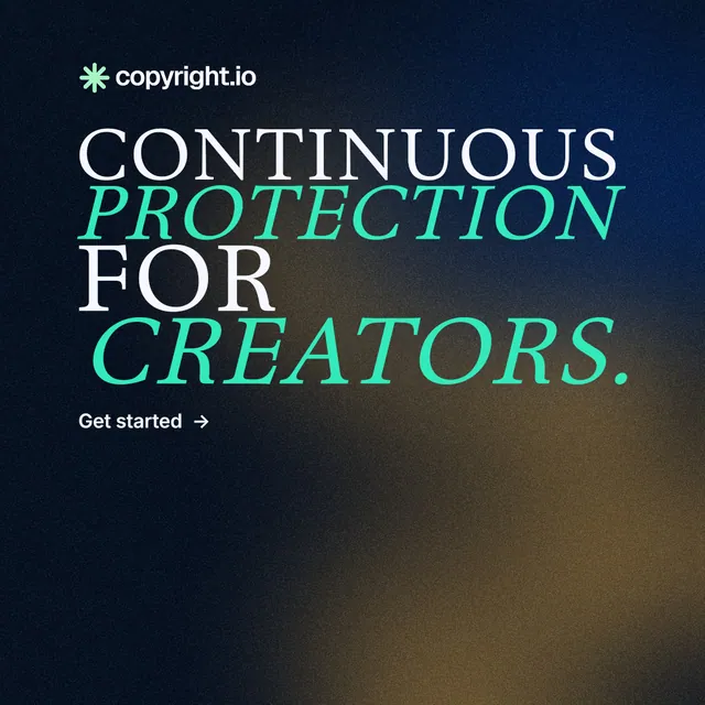 Instagram post for copyright.io: "Continuous protection for creators." Minimal luxury style, stacked layout, dark palette in black, blue, orange.