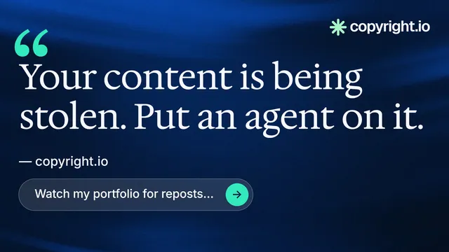 Landscape graphic for copyright.io: "Protect your work." Agentic glass style, quote layout, dark palette in blue, black.