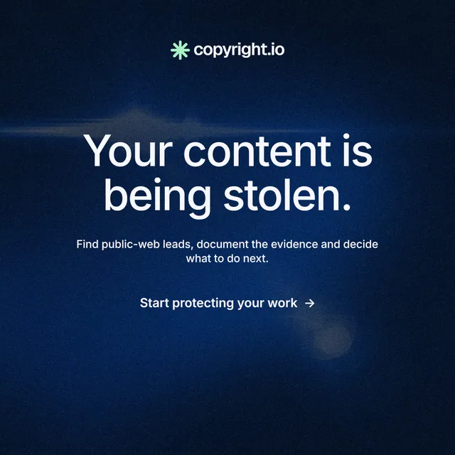 Instagram post for copyright.io: "Your content is being stolen." Minimal luxury style, centred layout, dark palette in black, blue.