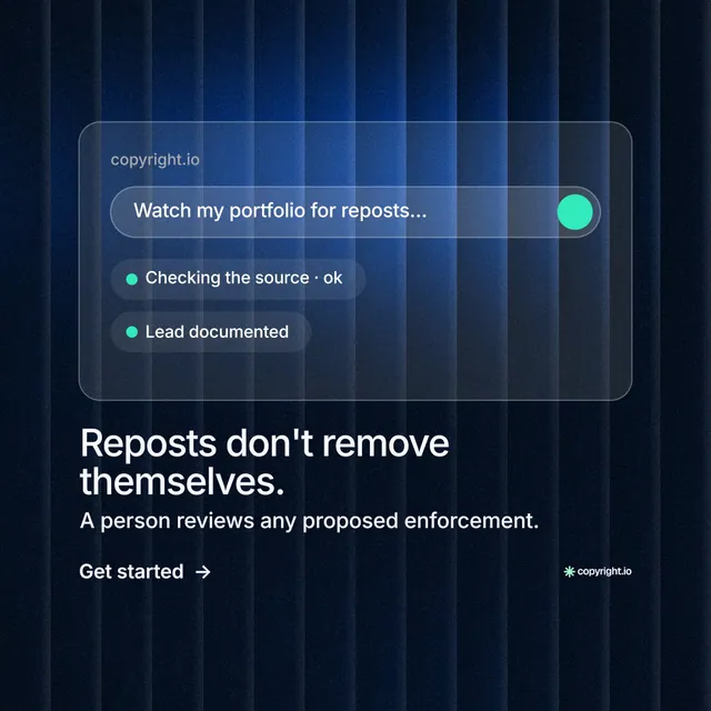Instagram post for copyright.io: "Reposts don't remove themselves." Minimal luxury style, bottom layout, dark palette in blue, black.