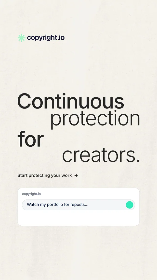 Instagram story for copyright.io: "Continuous protection for creators." Minimal luxury style, stacked layout, light palette in white.