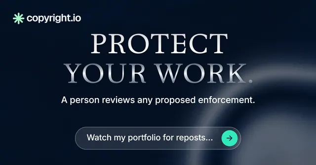 Social ad for copyright.io: "Protect your work." Agentic glass style, centred layout, dark palette in black, grey, blue.