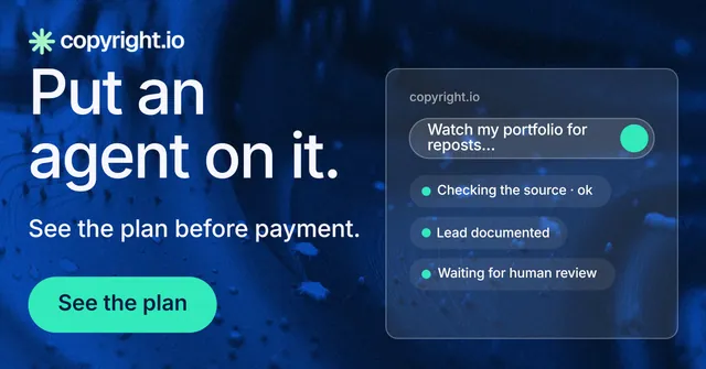 Social ad for copyright.io: "Put an agent on it." Agentic glass style, skeleton layout, dark palette in blue, black, teal.
