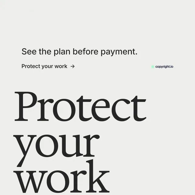 Instagram post for copyright.io: "Find your reposted work." Minimal luxury style, oversized layout, light palette in white, grey.