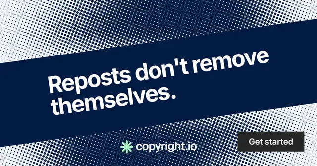 Social ad for copyright.io: "Reposts don't remove themselves." Swiss style, diagonal layout, dark palette in blue, grey.