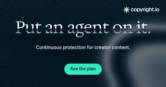 Social ad for copyright.io: "Put an agent on it." Y2K style, centred layout, dark palette in black, grey, blue.