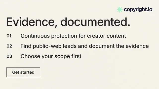 Landscape graphic for copyright.io: "Evidence, documented." Editorial style, numbered layout, light palette in white, grey.