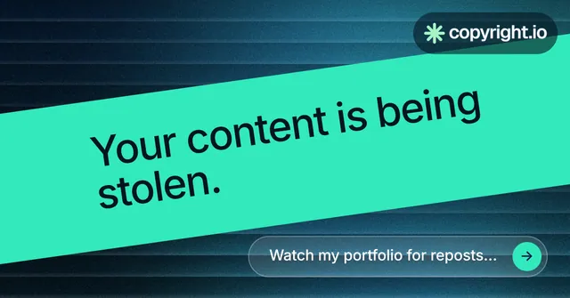 Social ad for copyright.io: "Your content is being stolen." Agentic glass style, diagonal layout, light palette in teal, blue.