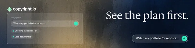 LinkedIn banner for copyright.io: "See the plan first." Agentic glass style, right layout, dark palette in black, grey.