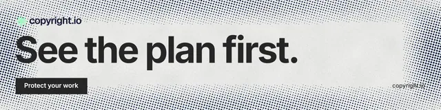 LinkedIn banner for copyright.io: "See the plan first." Swiss style, poster layout, light palette in grey, white.
