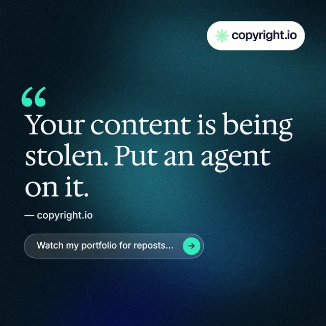 Instagram post for copyright.io: "Find your reposted work." Agentic glass style, quote layout, dark palette in black, blue, grey.