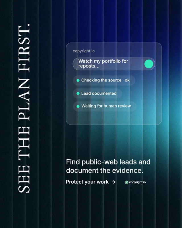 Instagram portrait post for copyright.io: "See the plan first." Minimal luxury style, vertical layout, dark palette in black, blue.