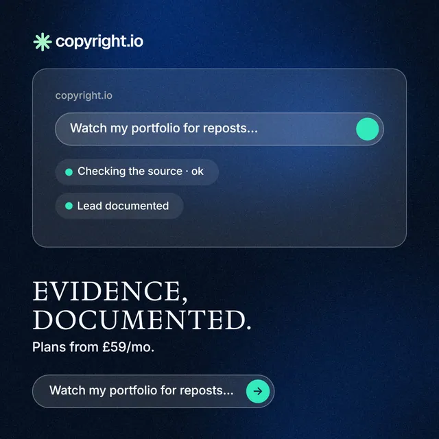 Instagram post for copyright.io: "Evidence, documented." Agentic glass style, bottom layout, dark palette in black, blue.