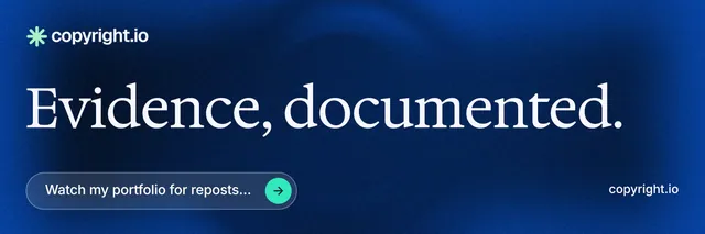 X header for copyright.io: "Evidence, documented." Agentic glass style, poster layout, dark palette in blue.