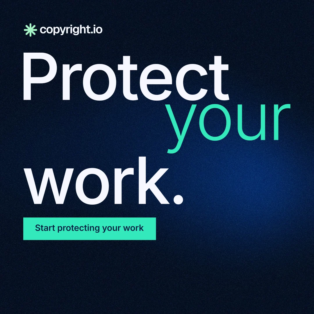 Instagram post for copyright.io: "Protect your work." Swiss style, stacked layout, dark palette in black, blue.