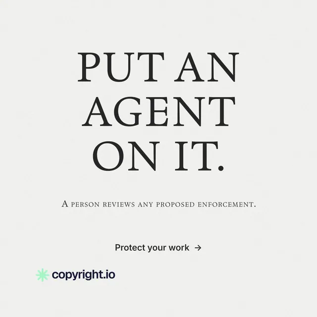 Instagram post for copyright.io: "Put an agent on it." Minimal luxury style, smallcaps layout, light palette in white.