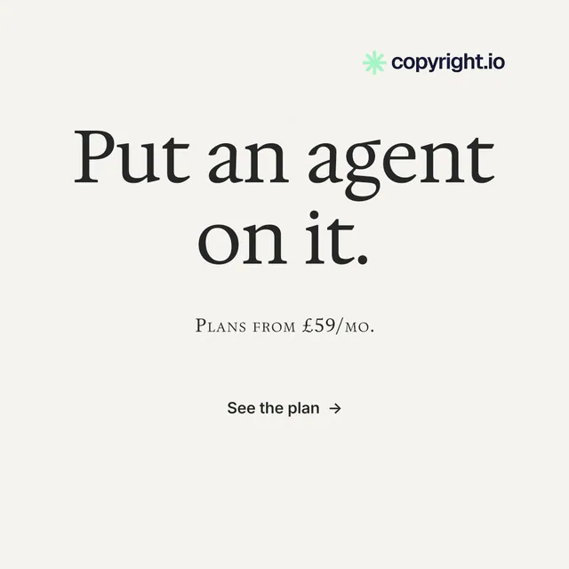 Instagram post for copyright.io: "Put an agent on it." Minimal luxury style, smallcaps layout, light palette in white, grey.