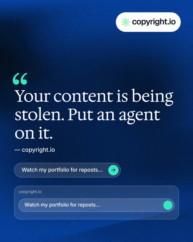 Instagram portrait post for copyright.io: "Continuous protection for creators." Agentic glass style, quote layout, dark palette in blue.