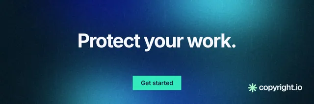 X header for copyright.io: "Protect your work." Swiss style, centred layout, dark palette in blue, black, teal.