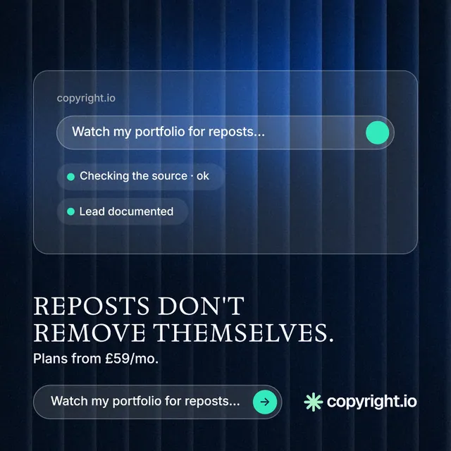 Instagram post for copyright.io: "Reposts don't remove themselves." Agentic glass style, bottom layout, dark palette in blue, black.