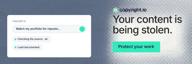 X header for copyright.io: "Your content is being stolen." Split block style, skeleton layout, light palette in grey, teal, white.