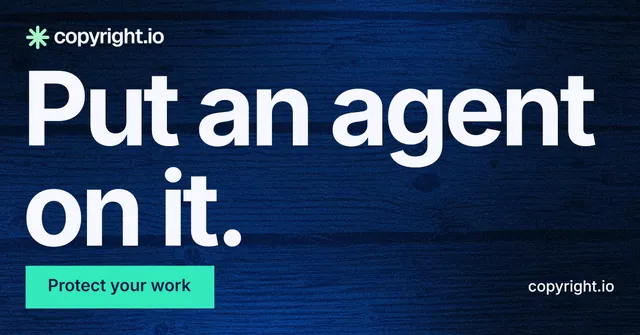 Social ad for copyright.io: "Put an agent on it." Swiss style, poster layout, dark palette in blue, black, teal.