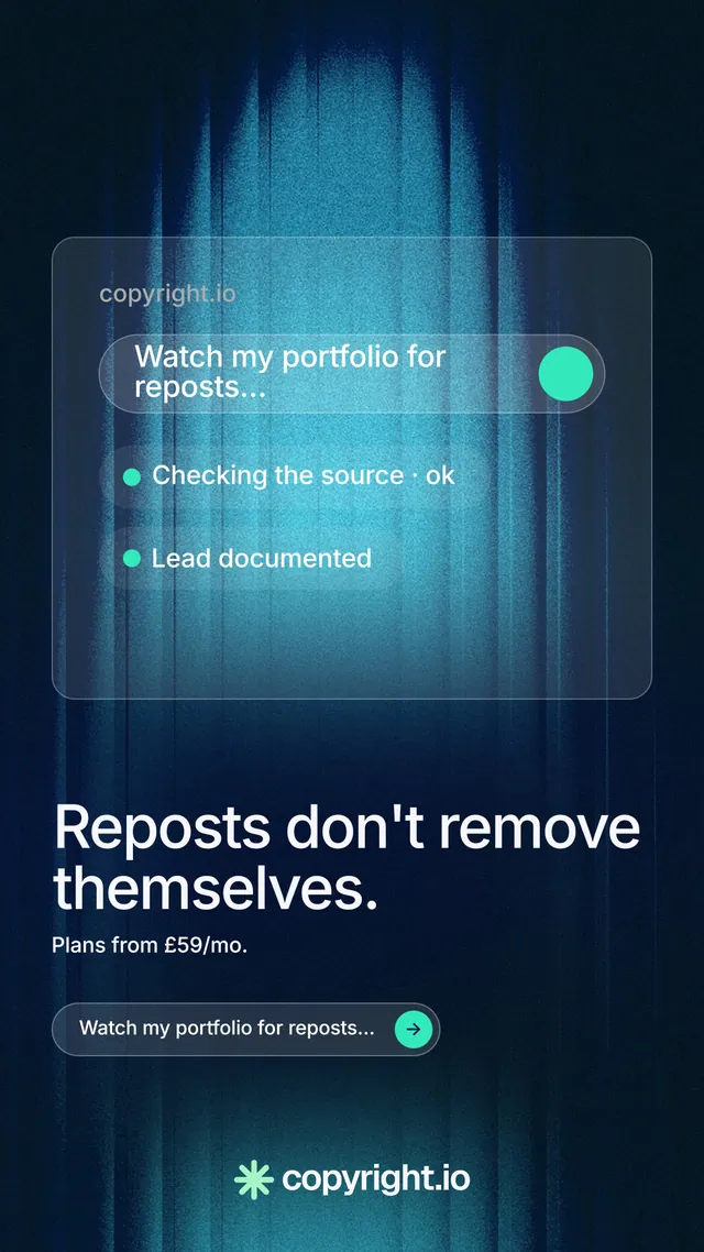 Instagram story for copyright.io: "Reposts don't remove themselves." Agentic glass style, bottom layout, dark palette in teal, blue, black.