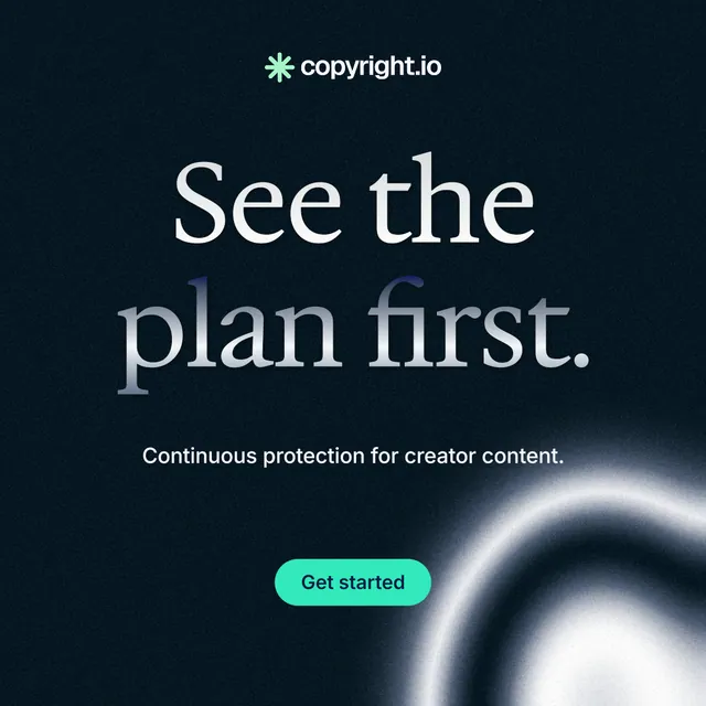 Instagram post for copyright.io: "See the plan first." Y2K style, centred layout, dark palette in black, grey.
