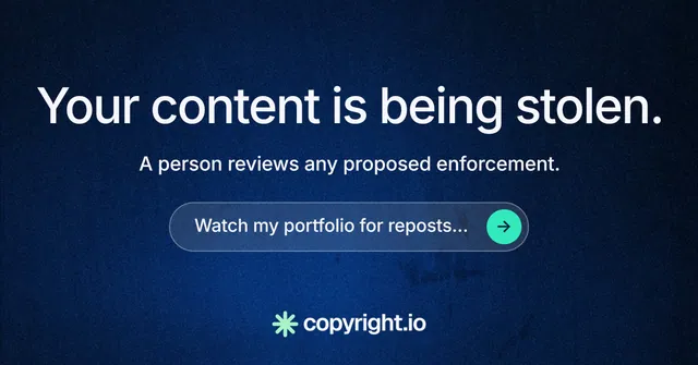 Social ad for copyright.io: "Your content is being stolen." Agentic glass style, skeleton layout, dark palette in blue, black.
