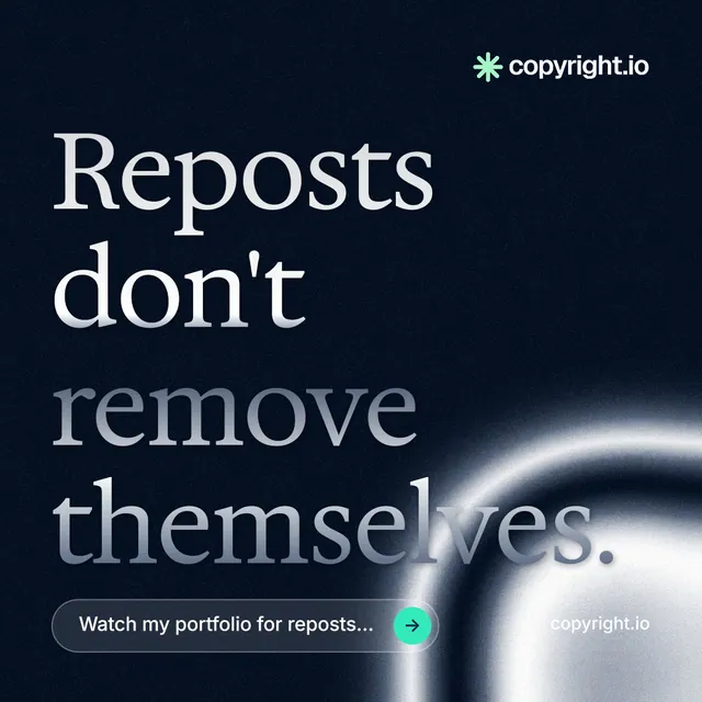 Instagram post for copyright.io: "Reposts don't remove themselves." Agentic glass style, poster layout, dark palette in black, grey, blue.