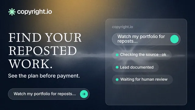 Landscape graphic for copyright.io: "Find your reposted work." Agentic glass style, bottom layout, dark palette in blue, black, grey.