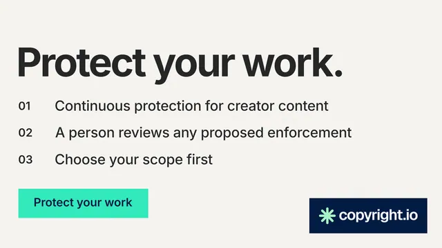 Landscape graphic for copyright.io: "Protect your work." Swiss style, numbered layout, light palette in white, teal, grey.