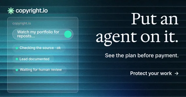Social ad for copyright.io: "Put an agent on it." Minimal luxury style, right layout, dark palette in teal, black, blue.