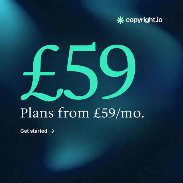 Instagram post for copyright.io: "Protect your work." Minimal luxury style, stat layout, dark palette in blue, black, teal.