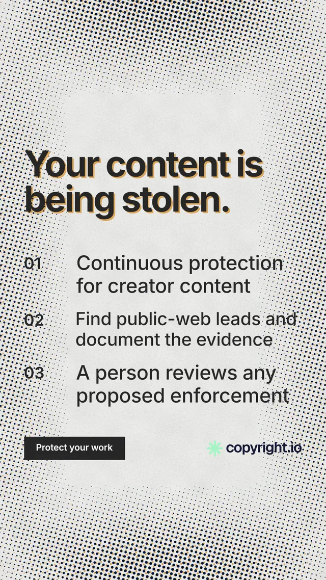 Instagram story for copyright.io: "Your content is being stolen." Swiss style, numbered layout, light palette in grey, white.