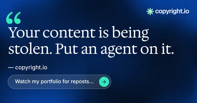 Social ad for copyright.io: "Put an agent on it." Agentic glass style, quote layout, dark palette in blue, black.