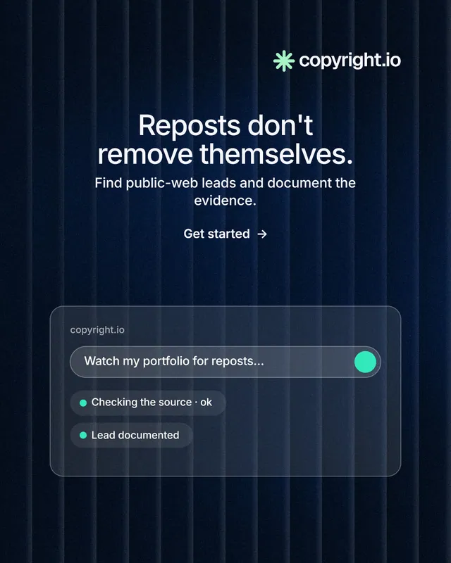 Instagram portrait post for copyright.io: "Reposts don't remove themselves." Minimal luxury style, centred layout, dark palette in black, blue, grey.
