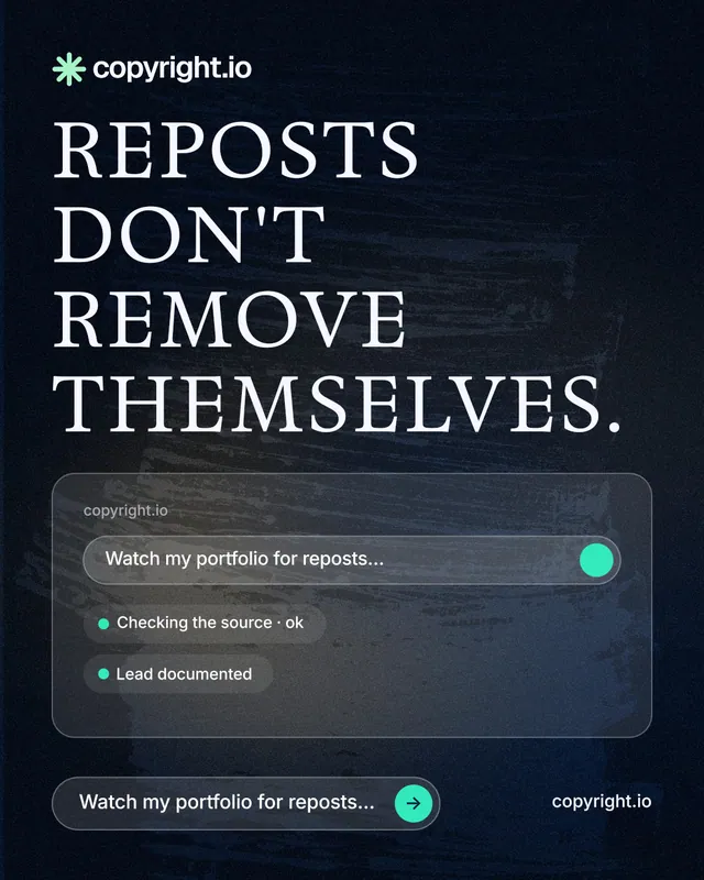 Instagram portrait post for copyright.io: "Reposts don't remove themselves." Agentic glass style, poster layout, dark palette in blue, black, grey.