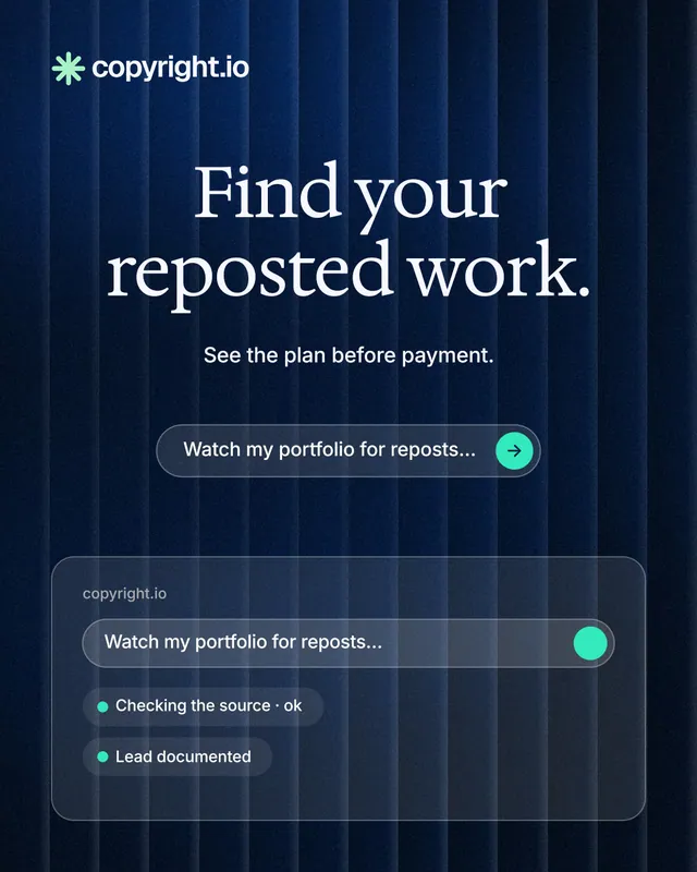 Instagram portrait post for copyright.io: "Find your reposted work." Agentic glass style, centred layout, dark palette in blue, black.