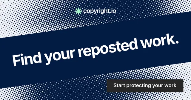 Social ad for copyright.io: "Find your reposted work." Swiss style, diagonal layout, dark palette in blue, grey.