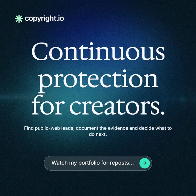 Instagram post for copyright.io: "Continuous protection for creators." Agentic glass style, centred layout, dark palette in black, blue.