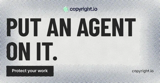 Social ad for copyright.io: "Put an agent on it." Retro print style, poster layout, light palette in grey, white.