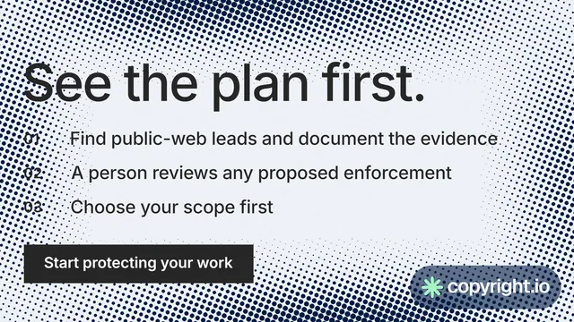 Landscape graphic for copyright.io: "See the plan first." Swiss style, numbered layout, light palette in grey, blue, white.