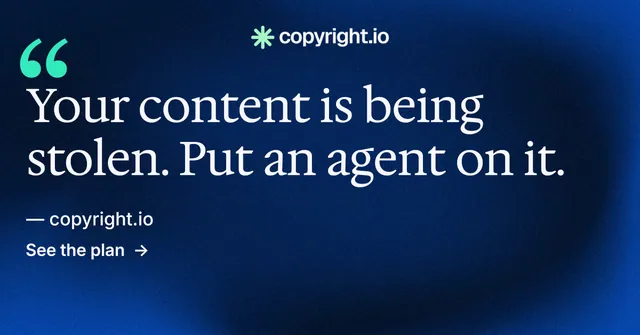 Social ad for copyright.io: "Your content is being stolen." Minimal luxury style, quote layout, dark palette in blue, black.