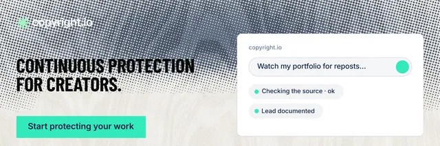 X header for copyright.io: "Continuous protection for creators." Retro print style, bottom layout, light palette in grey, white, green.